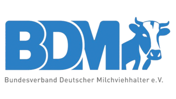 Logo des BDM mit blauer Schrift und stilisiertem Kuhkopf – Interessenvertretung für Milchviehhalter in Deutschland.